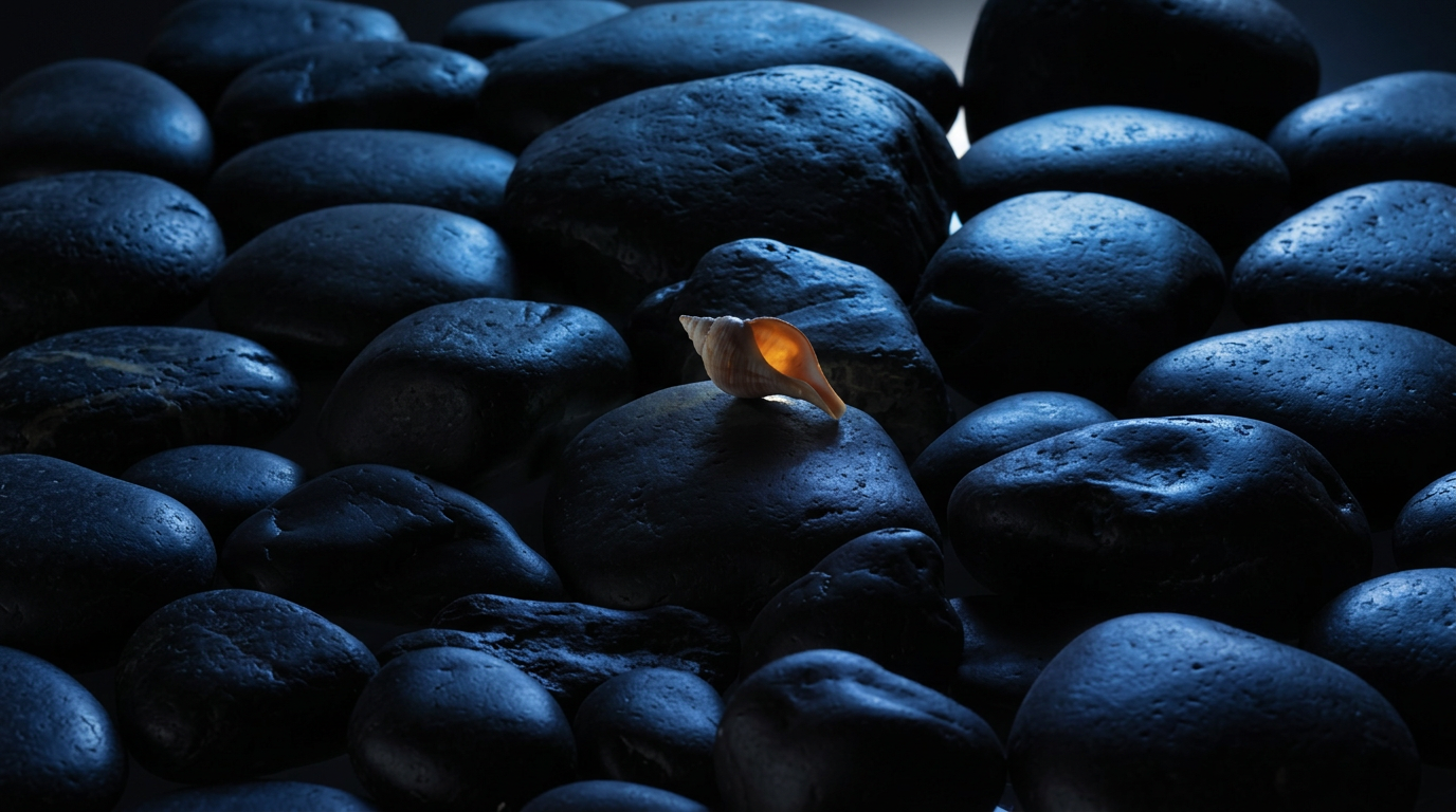 Luminous seashell glowing warmly against dark stones - Aleksander Lilik Photography